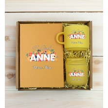 Bk Gift Kişiye Özel Isimli Dtf Anne Temalı Sarı Defter & Kahve Fincanı & Mum Hediye Seti-2, Anneye Hediye, Anneler Günü Hediyesi