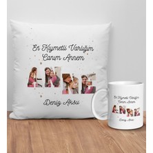 Bk Gift Kişiye Özel Fotoğraflı ve Mesajlı Anne Tasarımlı Beyaz Kırlent Yastık ve Kupa Seti, Anneye , Anneler Günü leri