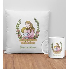 Bk Gift Kişiye Özel Anne Tasarımlı Beyaz Kırlent Yastık ve Kupa Seti-5, Anneye , Anneler Günü leri