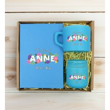 Bk Gift Kişiye Özel Isimli Dtf Anne Temalı Turkuaz Defter & Kahve Fincanı & Mum Hediye Seti-3, Anneye Hediye, Anneler Günü Hediyesi