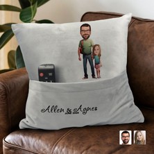 Bk Gift Kişiye Özel Baba Kız Karikatür Tasarımlı Organizer Kumanda ve Atıştırmalık Cepli Gri Kırlent Yastık-20 Arkadaşa , Cepli Yastık