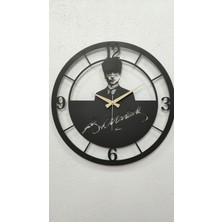 Miaselis Kalpaklı Atatürk Imzalı Dekoratif Metal Duvar Saati 60 x 60 cm Siyah