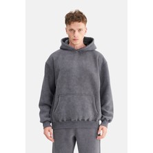 Mesfeno Erkek Oversize Şardonlu 3 Iplik Kapüşonlu, Efektli Yıkamalı, Nakışlı Sweatshirt