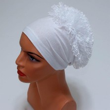 Aydın Bone Dantelli Dikişli Beyaz Fırfırlı Bone