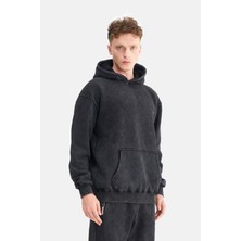 Mesfeno Erkek Oversize Şardonlu 3 Iplik Kapüşonlu, Efektli Yıkamalı, Nakışlı Sweatshirt