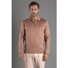 Coonless Erkek Polo Yaka Önden Fermuarlı Kahverengi Triko Kazak