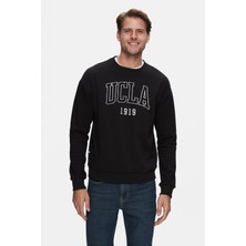 Ucla Siyah Bisiklet Yaka Nakışlı Şardonlu Loose Fit Erkek Sweatshirt