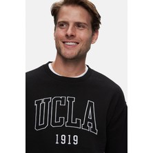 Ucla Siyah Bisiklet Yaka Nakışlı Şardonlu Loose Fit Erkek Sweatshirt