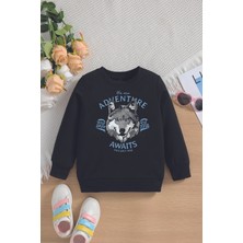 Myada Yeni Sezon Adventure Yazılı Kurt Baskılı Baskılı Oversize Kapüşonlu Çocuk Sweatshirt 14634