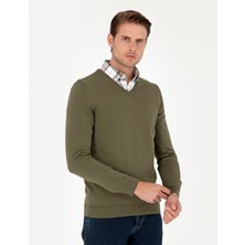 Pierre Cardin Erkek Koyu Haki Slim Fit V Yaka Basic Triko Kazak 50296583-VR111