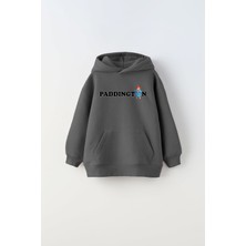 Kapüşonlu Içi Polar Paddington Yazılı Ayı Figür Baskılı Füme Unisex Hoodie Çocuk Sweatshirt