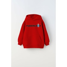 Kapüşonlu Içi Polar Paddington Yazılı Ayı Figür Baskılı Kırmızı Unisex Çocuk Hoodie Sweatshirt