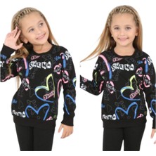 Kız Çocuk Ayıcıklı Fosfor Yazı Desenli Şardonlu Siyah Renk Sweatshirt