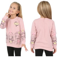 Kız Çocuk Önü ve Kolları Resim Desenli Şardonlu Pudra Renk Sweatshirt