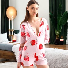 İbeeka Eğlenceli Çilek Desenli Pijama Tulum - Pembe Renk Ev Giyim Düğme Kapama