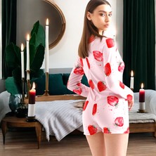 İbeeka Eğlenceli Çilek Desenli Pijama Tulum - Pembe Renk Ev Giyim Düğme Kapama