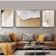 Harikabirev Harikabirev|soft Krem Çiçek ve Soyut Kombini 2 |çerçeveli Temperli Cam Tablo 3lü Yatay