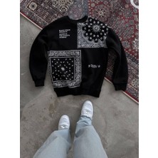 Veronika Desenli Üç Iplik Bisiklet Yaka Oversize Sweatshirt - Siyah