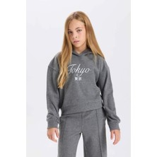 DeFacto Kapüşonlu Baskılı Selanik Kumaş Sweatshirt Kız Çocuk D4294A824WN