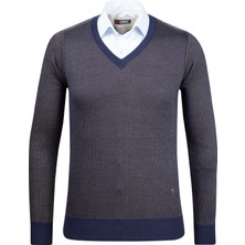 Çizgi Triko Erkek V Yaka Triko Kazak Desenli Kol ve Bel Lastikli Çelik Örgü Klasik Kalıp - 5015D