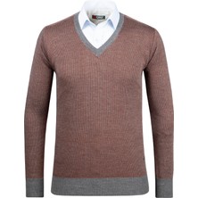 Çizgi Triko Erkek V Yaka Triko Kazak Desenli Kol ve Bel Lastikli Çelik Örgü Klasik Kalıp - 5015D