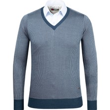 Çizgi Triko Erkek V Yaka Triko Kazak Desenli Kol ve Bel Lastikli Çelik Örgü Klasik Kalıp - 5015D