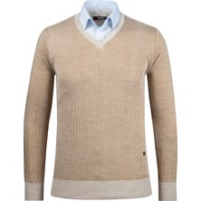 Çizgi Triko Erkek V Yaka Triko Kazak Desenli Kol ve Bel Lastikli Çelik Örgü Klasik Kalıp - 5015D