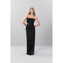 Çıkarılabilir Inci Aksesuarlı Straplez Maksi Elbise Siyah K2511338_001