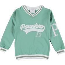 Kız Çocuk Kolej Tarz Pasedan Yazı Desenli V Yaka Yeşil Renk Sweatshirt