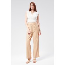 Kadın Keten Görünümlü Yandan Cepli Beli Lastikli Relaxed Fit Pantolon Taş