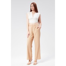 Kadın Keten Görünümlü Yandan Cepli Beli Lastikli Relaxed Fit Pantolon Taş