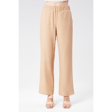 Kadın Keten Görünümlü Yandan Cepli Beli Lastikli Relaxed Fit Pantolon Taş