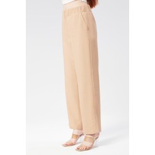 Kadın Keten Görünümlü Yandan Cepli Beli Lastikli Relaxed Fit Pantolon Taş