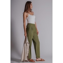 Kadın Beli Yarım Lastikli Çift Pilili Duble Paça Pantolon Taş