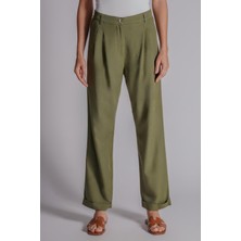 Kadın Beli Yarım Lastikli Çift Pilili Duble Paça Pantolon Taş
