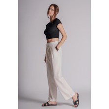 Kadın Çift Pilili Arka Cep Fleto Keten Karışımlı Chino Pantolon Naturel
