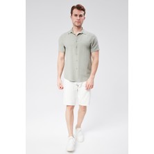 Braccas Erkek Beli Yarım Lastikli Keten Pamuk Karışımlı Slim Fit Şort Ekru