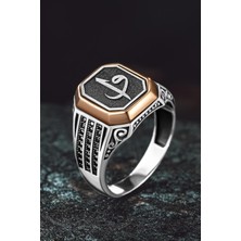 Osmanlı Gümüş Erkek Gümüş Yüzük - Üç Sıra Zirkon Taşlı Vav Elif Işlemeli Erkek Yüzük