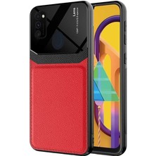 Mutcase - Samsung Galaxy M30S - Kılıf Deri Görünümlü Parlak Mika Tasarımlı Emiks Kapak - Kırmızı