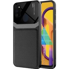 Mutcase - Samsung Galaxy M30S - Kılıf Deri Görünümlü Parlak Mika Tasarımlı Emiks Kapak - Kırmızı