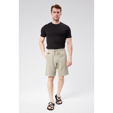 Erkek Beli Lastikli Bağcıklı Keten Karışımlı Slim Fit Jogger Şort Yeşil