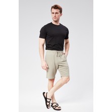 Erkek Beli Lastikli Bağcıklı Keten Karışımlı Slim Fit Jogger Şort Yeşil