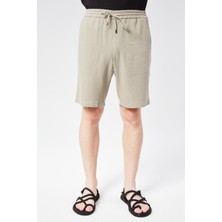 Erkek Beli Lastikli Bağcıklı Keten Karışımlı Slim Fit Jogger Şort Yeşil