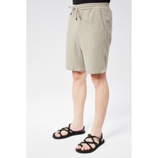 Erkek Beli Lastikli Bağcıklı Keten Karışımlı Slim Fit Jogger Şort Yeşil