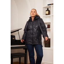 Büyük Beden Kapüşonlu Kapitone Şişme Mont Lacivert