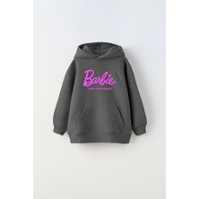 The Champ Clothing Kapüşonlu Içi Polar Barbie Own Your Unique Yazı Baskılı Füme  Çocuk Hoodie  Sweatshirt