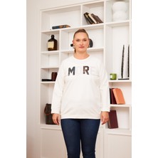 Büyük Beden Taş Baskılı Sweatshirt Ekru