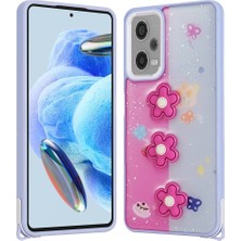 Mutcase - Xiaomi Redmi Note 12 Pro 5g - Kılıf Parlayan Simli Kabartma Figürlü Cevze Kapak - Mor Papatya