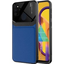 Mutcase - Samsung Galaxy M30S - Kılıf Deri Görünümlü Parlak Mika Tasarımlı Emiks Kapak - Lacivert