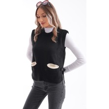 Kadın Yanları Düğme Detaylı Cepli Triko Örme Süveter 245163 -